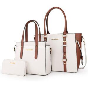 Women’s Beige & Brown 3PCS Purses Tote Wallet & Shoulder Satchel Handbags Set
